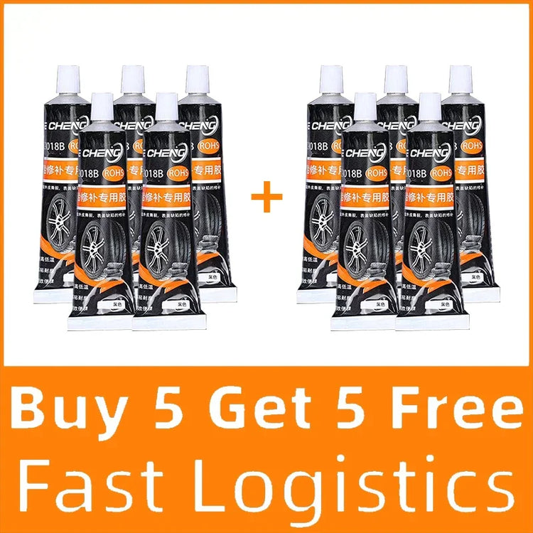 Best glue for tire puncture repair tubes in black packaging with orange and white labels, buy 5 get 5 free offer