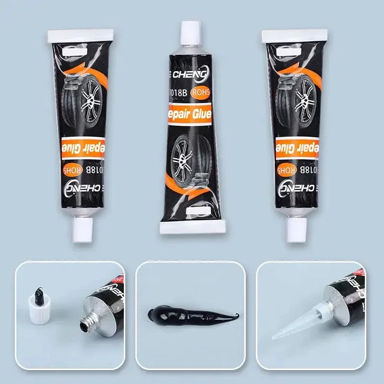 Best glue for tire puncture repair in black and orange tubes with detailed nozzle and glue drop close-ups