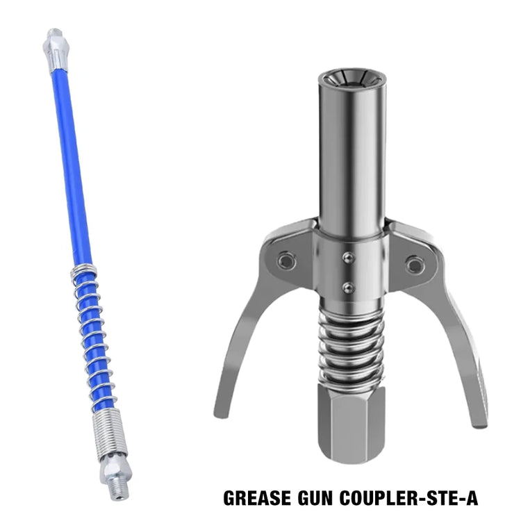 Grease fitting coupler with hose featuring a flexible blue hose and metal coupler for grease guns