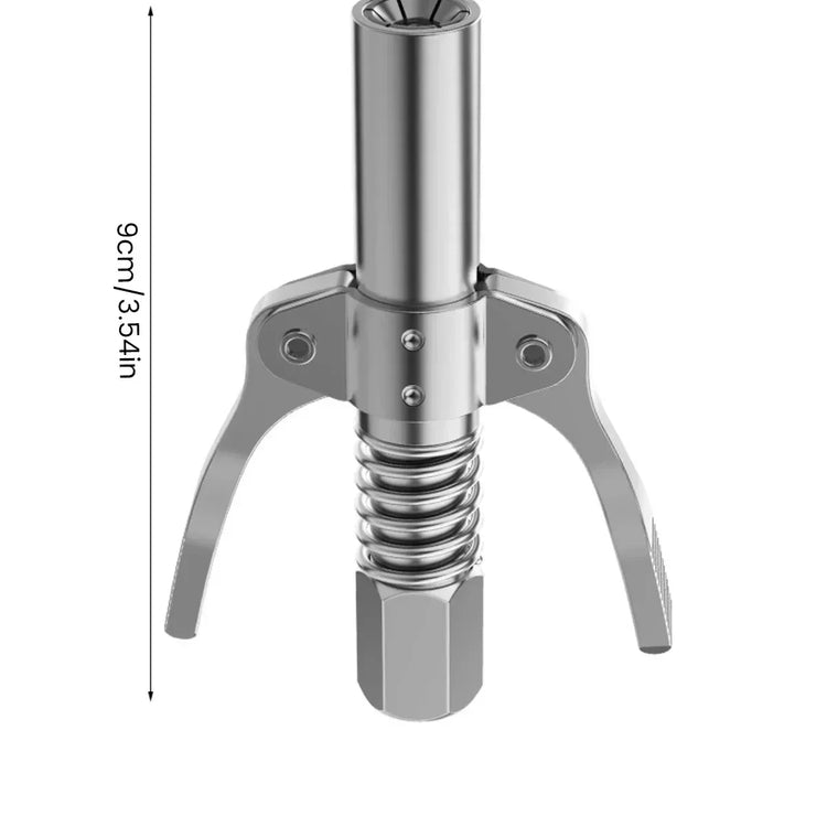 Silver quick connect grease fitting with a spring mechanism and two arms measuring 9cm in length