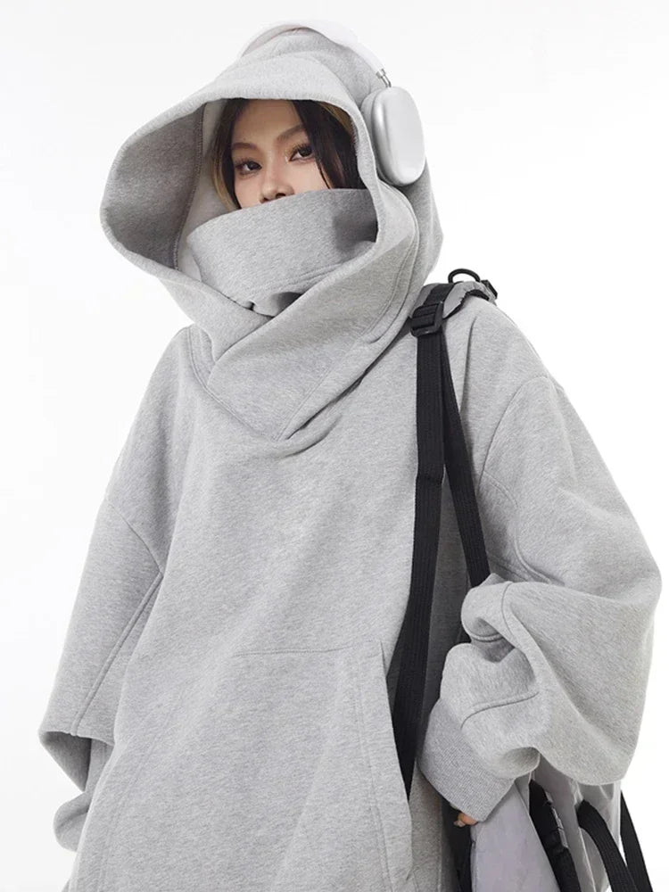 Gray oversized Harajuku fashion hoodie unisex with large hood and scarf-style neckline