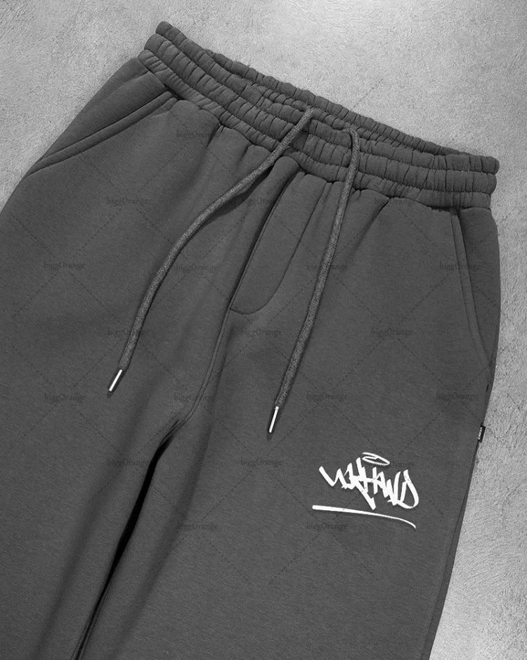 Black Harajuku style casual set pants with drawstring waist and white graphic print