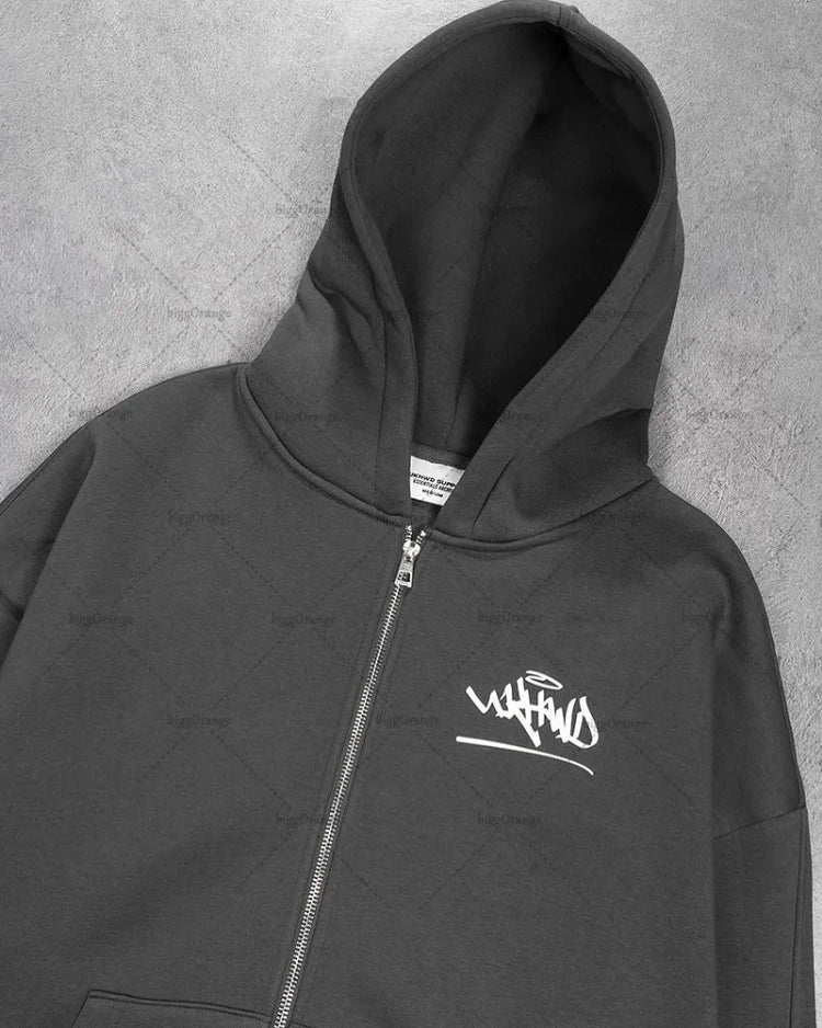 Black zip-up hoodie with white artistic logo print for Harajuku style casual set by AngShop