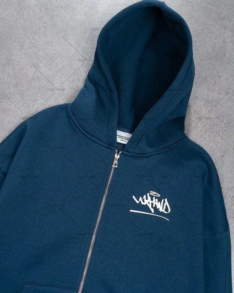 AngShop navy blue zip-up hoodie featuring Harajuku style casual set design with graphic print