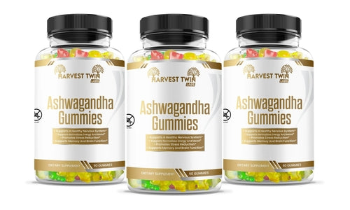 Harvest Twin Ashwagandha Gummies for anxiety in clear bottles with colorful gummy supplements