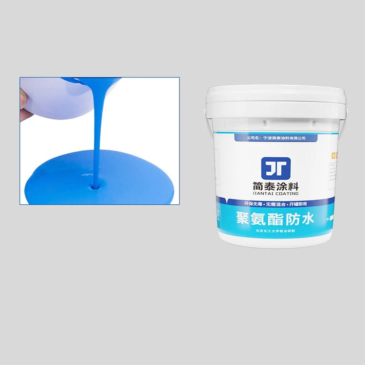 AngShop waterproof roof coating blue liquid being poured next to a white container with blue label