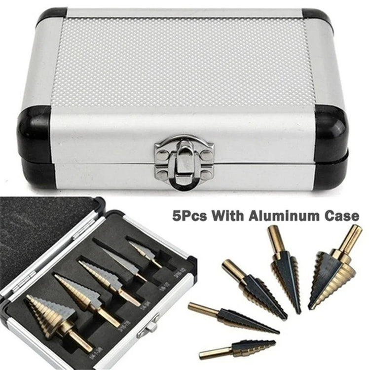 Set of 5 multi-size step drill bits with durable aluminum case for versatile drilling tasks