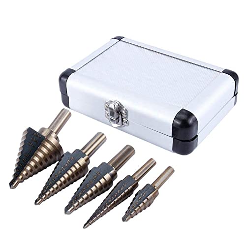 AngShop multi-size step drill bits set with five titanium-coated bits and silver carrying case