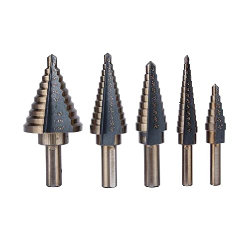Set of five multi-size step drill bits in varying sizes with measurement markings from AngShop