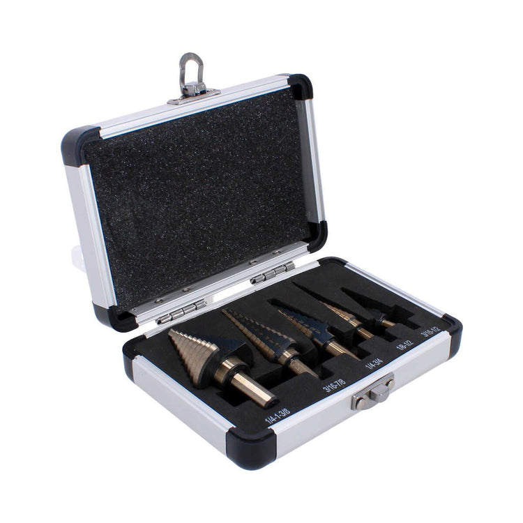 AngShop multi-size step drill bits set in protective metal case with five different sizes