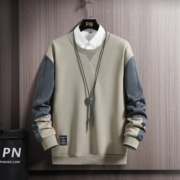 AngShop casual autumn streetwear for men beige sweatshirt with gray sleeves and white collar shirt