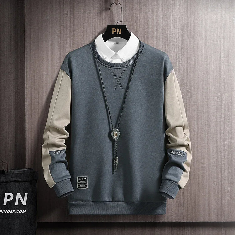 AngShop casual autumn streetwear for men with gray and beige long sleeve sweatshirt and white shirt