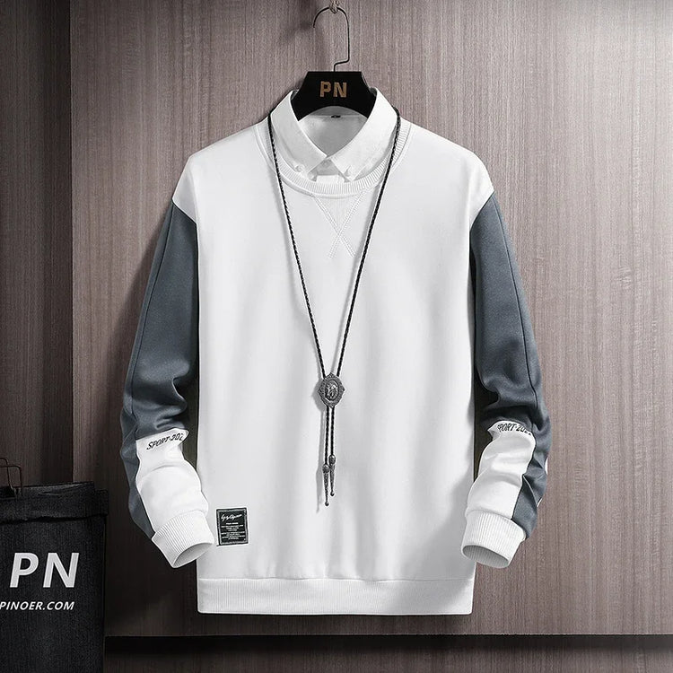 White and gray sweatshirt with long sleeves featuring casual autumn streetwear for men style