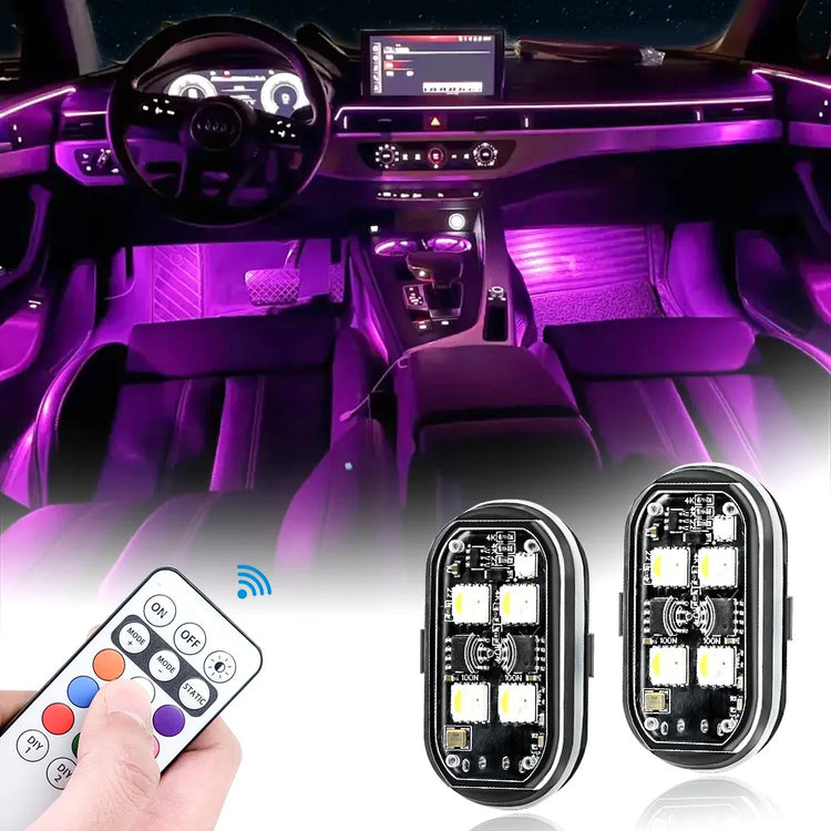 Remote control LED car strips installed in car interior glowing purple with handheld remote control