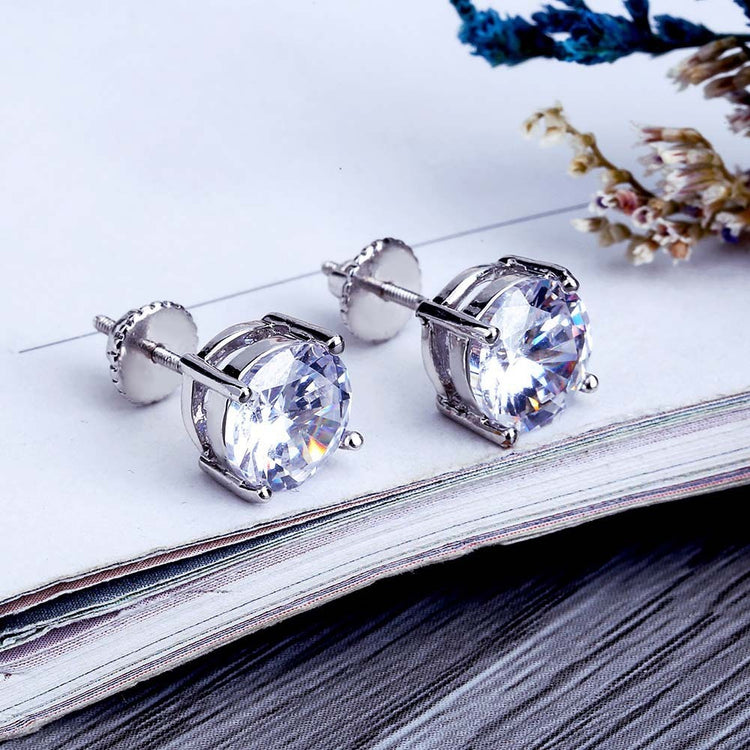 Round zirconia earrings hip hop style in silver setting with sparkling clear stones from AngShop