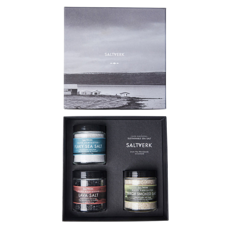 Lemon Athena Saltverk gourmet salt gift for foodies featuring flaky sea salt lava salt and birch smoked salt set