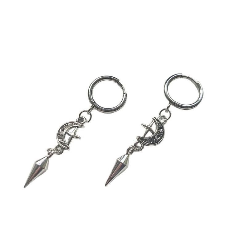 Silver moon and spike punk style earrings for women by AngShop with unique edgy design