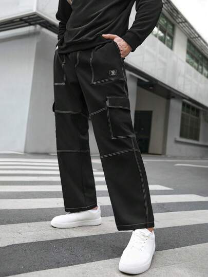 AngShop black casual cargo trousers for men with multiple pockets and white sneakers