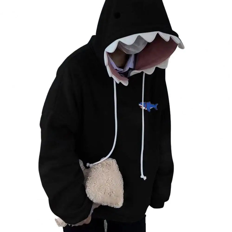 AngShop casual fall winter hoodies unisex black shark design with attached plush pouch