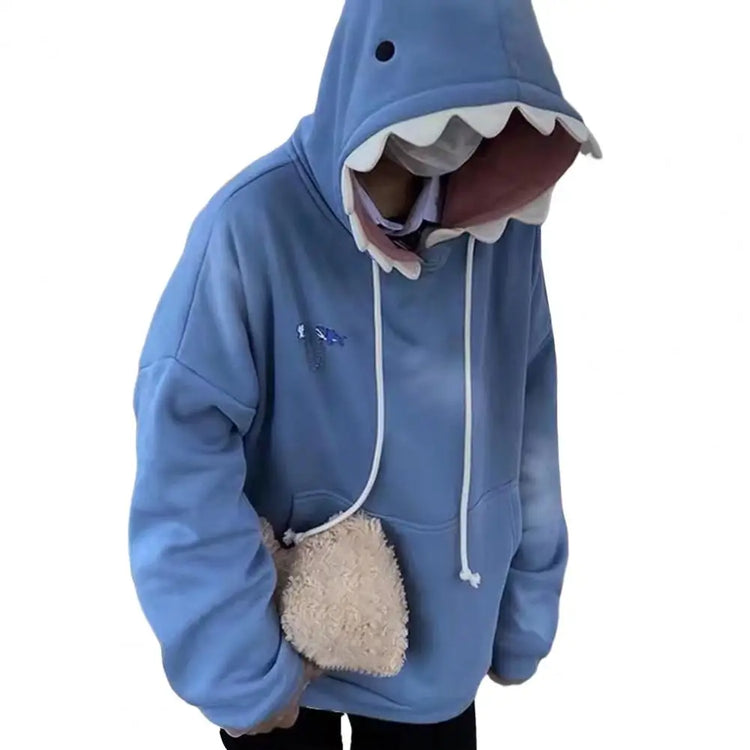 Blue casual fall winter hoodies unisex with shark design hood and front pocket holding a plush bag