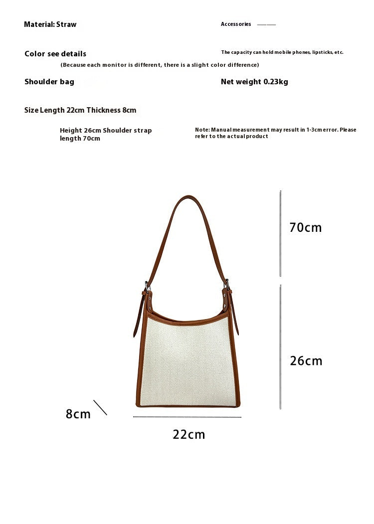 Elegant stitched handbag for women in beige and brown with straw material and shoulder strap