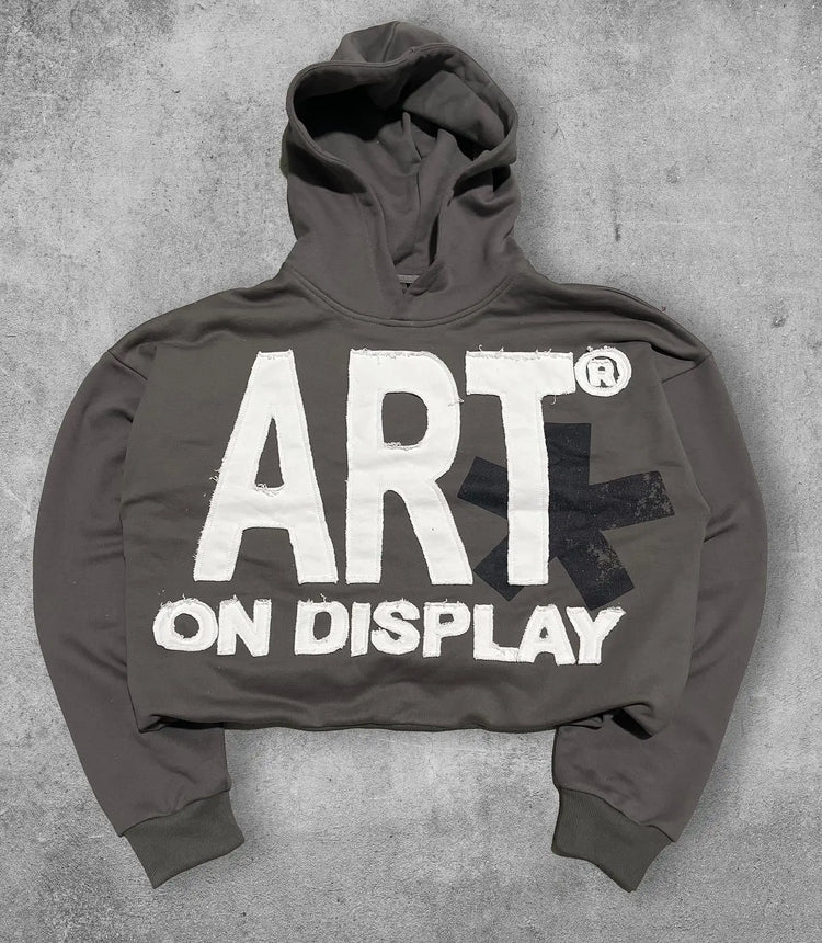 Vintage Y2K hoodie unisex in dark gray with ART on DISPLAY graphic and cropped design
