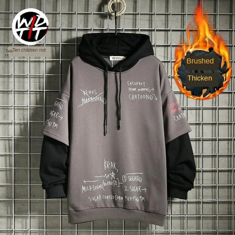 AngShop fall and spring casual hooded sweater with black sleeves and gray body featuring graphic text designs
