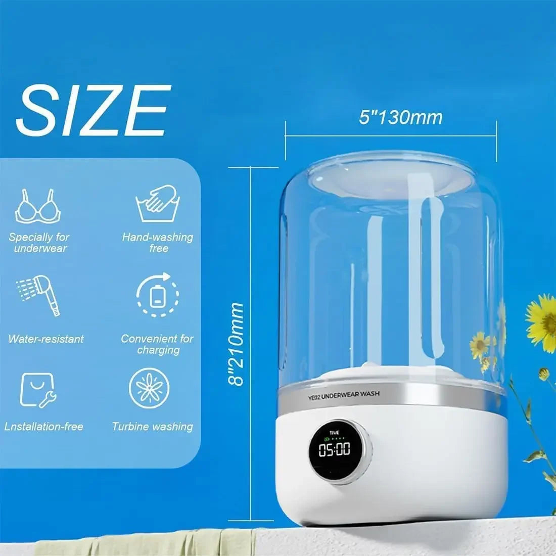 1L compact laundry cleaner with digital timer and transparent cover for easy underwear washing
