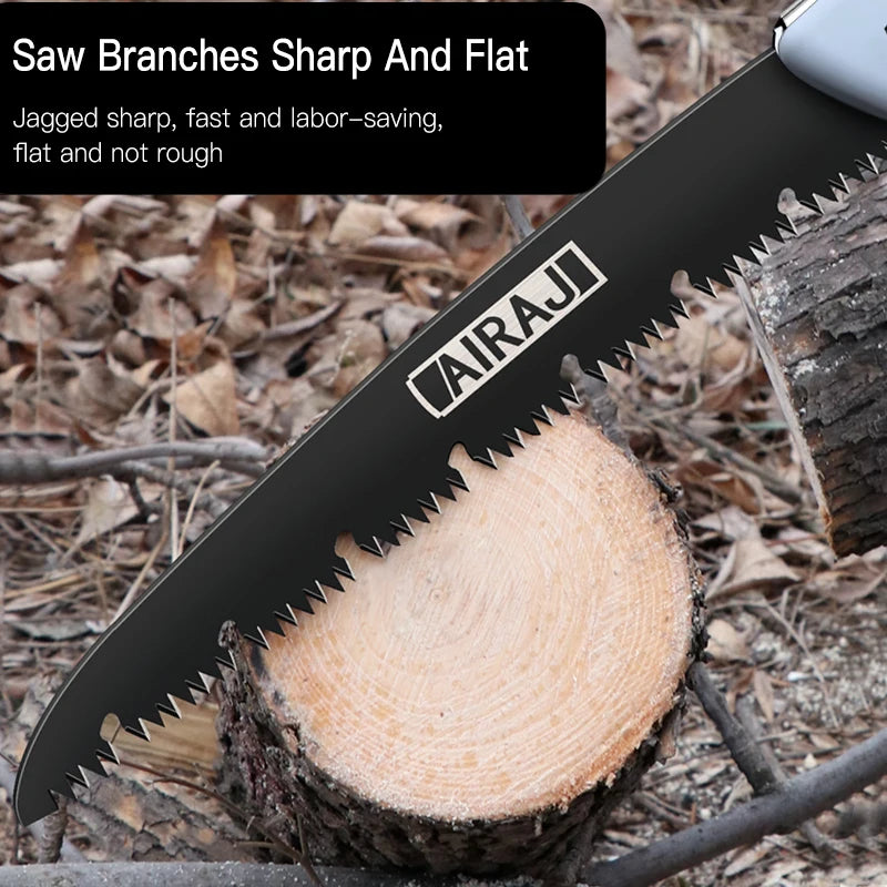 Black AIRAJ compact pruning saw cutting through a tree branch with sharp jagged teeth