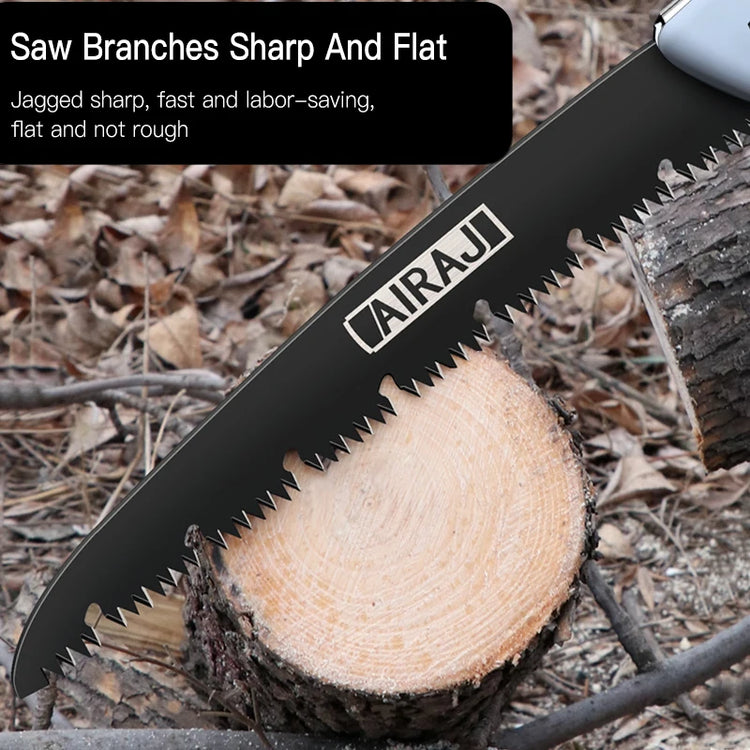 Black AIRAJ compact pruning saw cutting through a tree branch with sharp jagged teeth