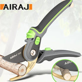 AIRAJ professional garden scissors in black and green cutting a thick branch with ergonomic handle design