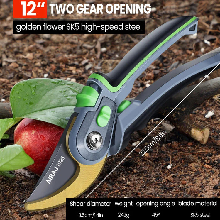 Professional garden scissors with 12 inch two gear opening and golden SK5 high-speed steel blade