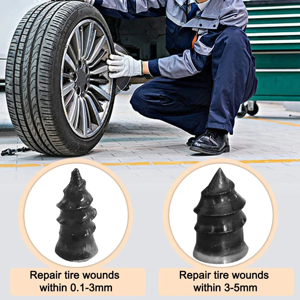 Tire plug kit for cars showing repair plugs for different tire wound sizes and a mechanic fixing a car tire
