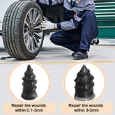 Tire plug kit for cars showing repair plugs for different tire wound sizes and a mechanic fixing a car tire