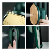 AngShop compact steam iron for home in green with gold soleplate and steam function shown in multiple views