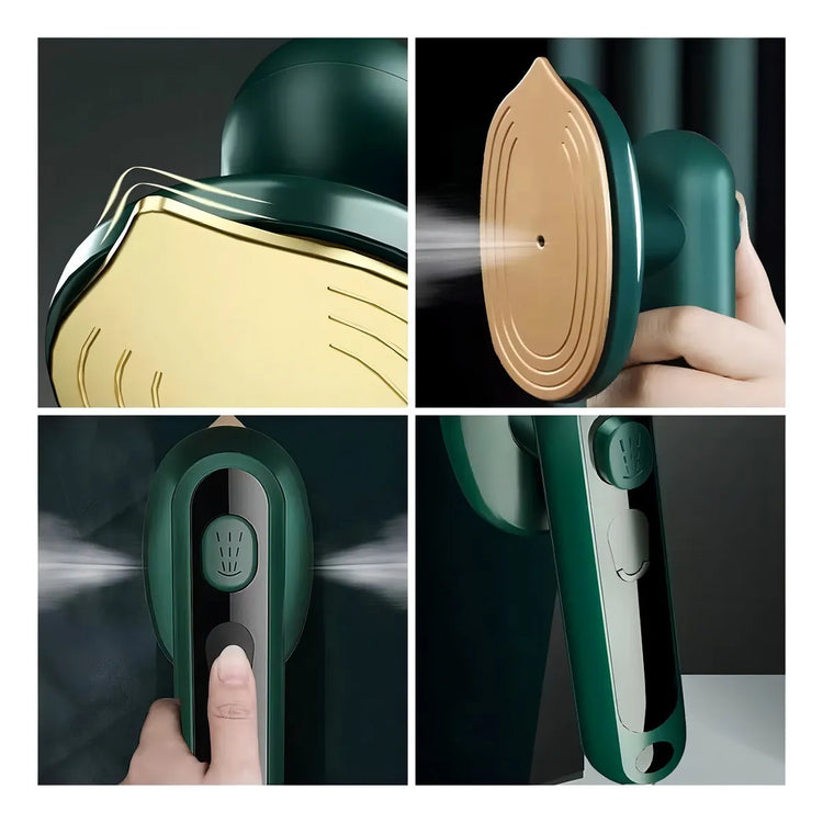 AngShop compact steam iron for home in green with gold soleplate and steam function shown in multiple views