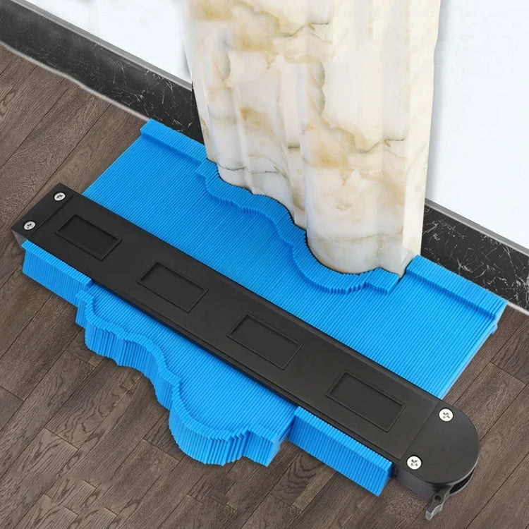 AngShop blue contour gauge tool measuring curved marble column shape on wood floor
