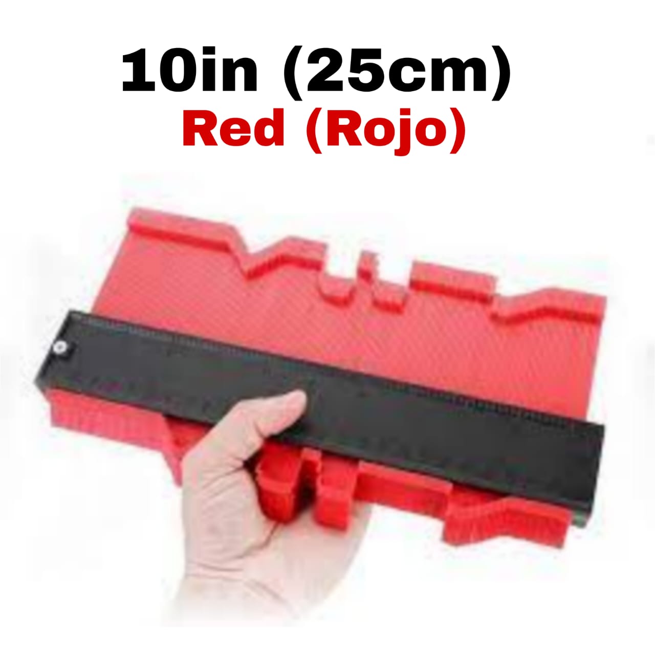 Red 10 inch contour gauge tool held in hand for precise shape measurements
