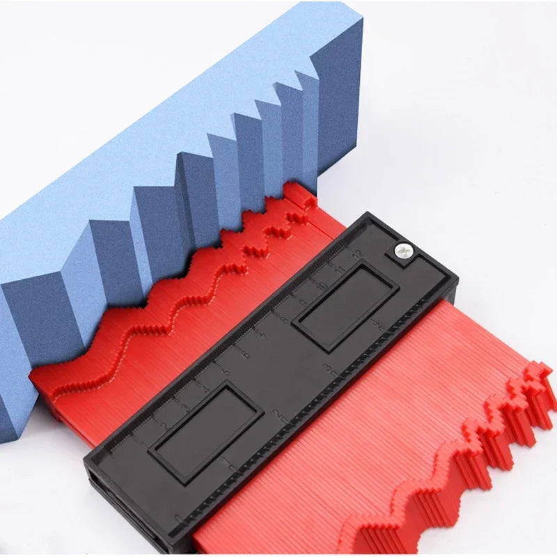 AngShop red and black contour gauge tool measuring intricate blue foam shape for precise copying