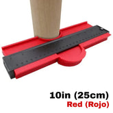 Red 10 inch contour gauge tool measuring the shape of a round wooden post for precise copying