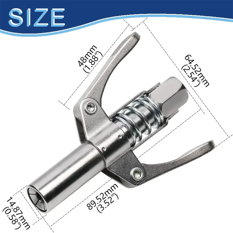 AngShop metal grease fitting coupler with hose featuring precise measurements and durable construction