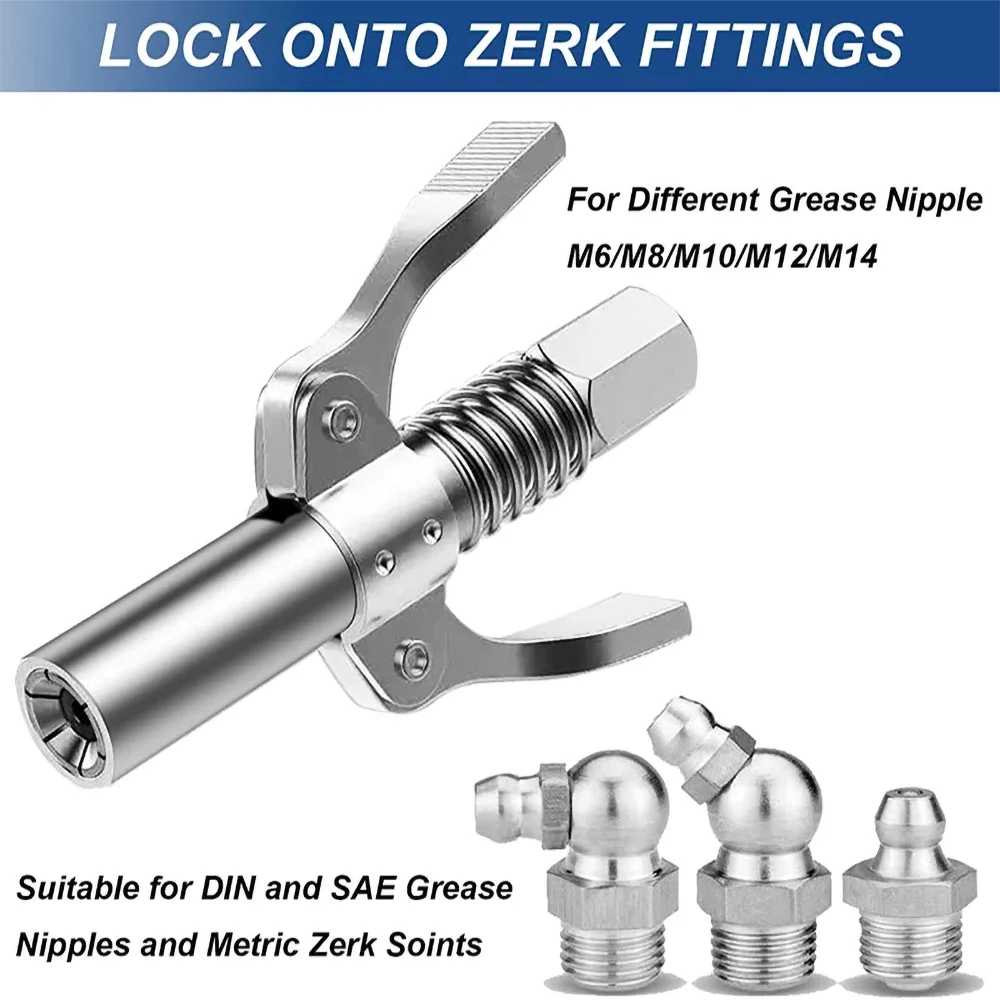 Grease fitting coupler with hose locking onto different Zerk fittings for grease nipples M6 to M14