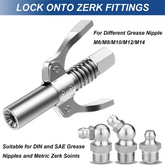 Grease fitting coupler with hose locking onto different Zerk fittings for grease nipples M6 to M14
