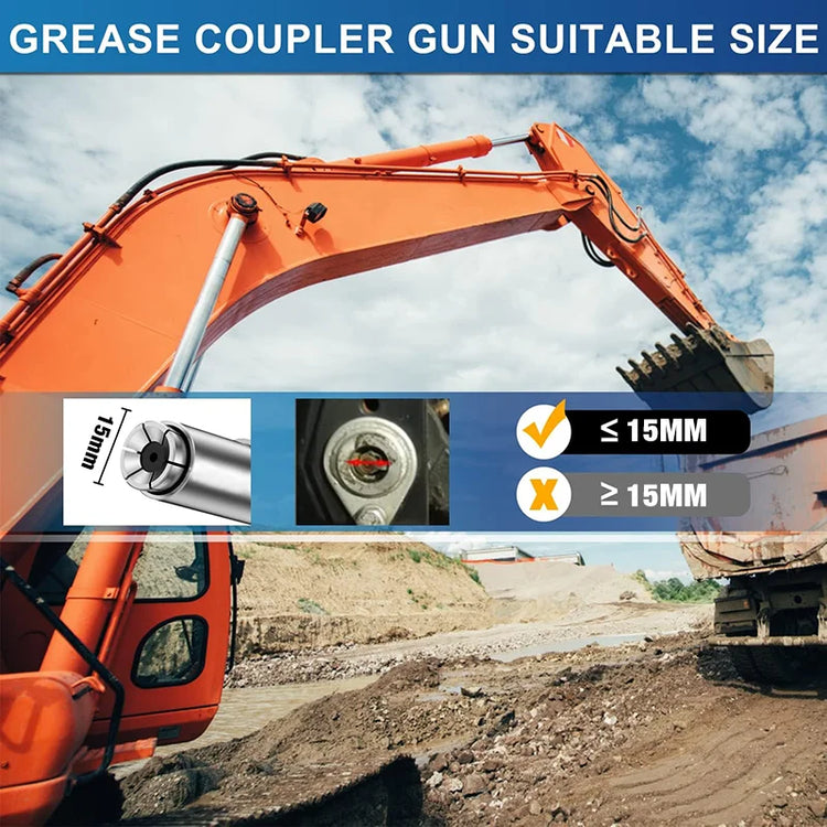 Construction excavator showing grease fitting coupler with hose suitable for grease coupler gun size 15mm or less