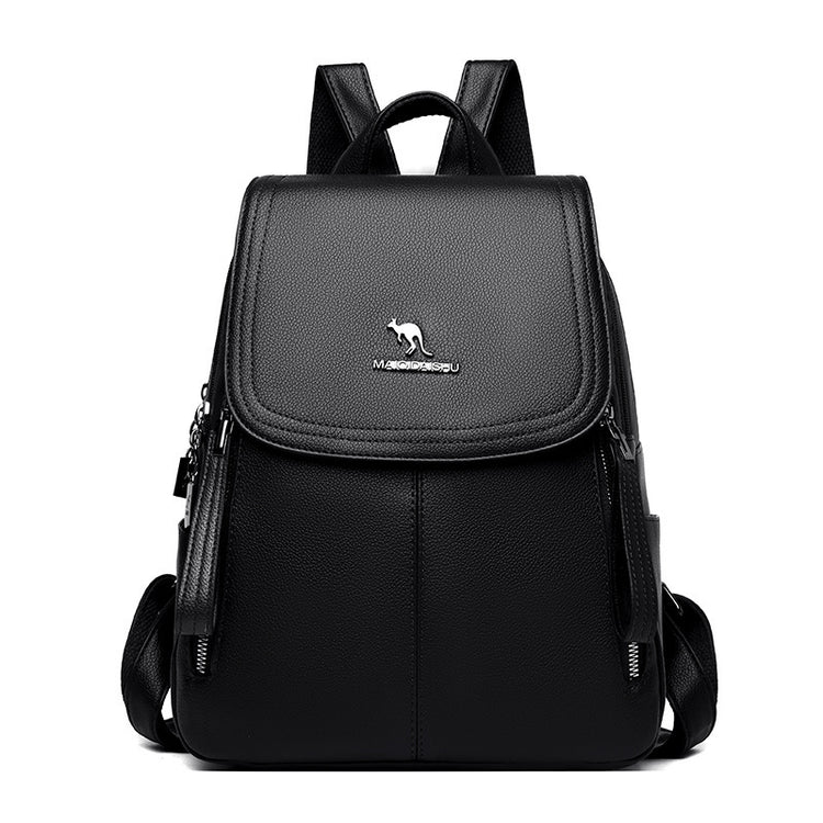 Black functional leather-look backpack for daily use with front flap and kangaroo logo