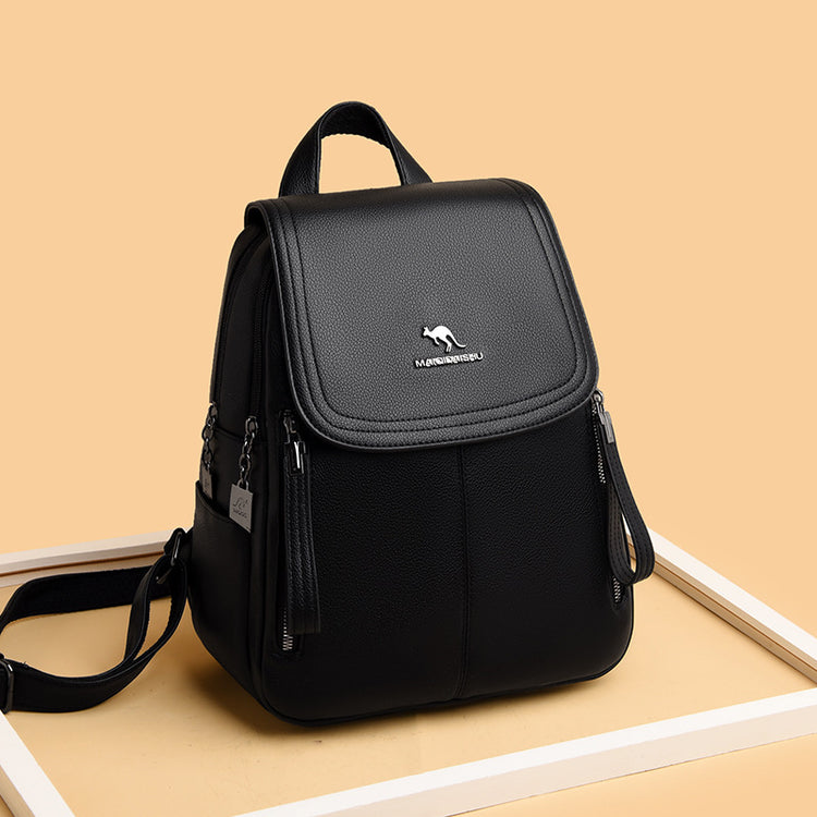 Black functional leather-look backpack for daily use with front zip pockets and top handle