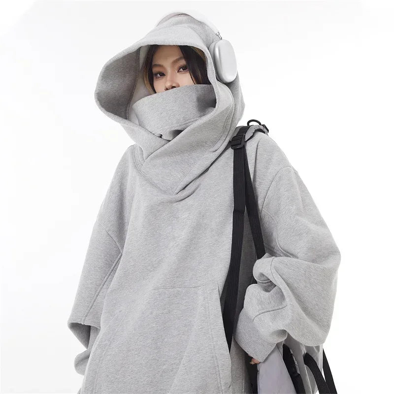 Gray Harajuku fashion hoodie unisex with oversized hood and scarf style collar