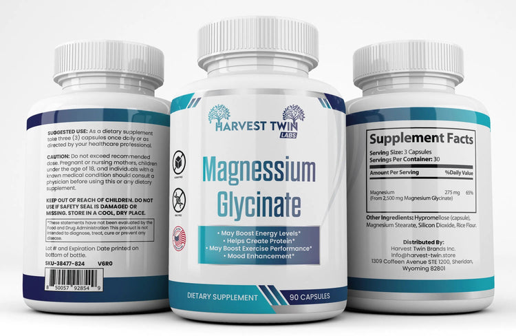Turquoise Alder magnesium glycinate supplement bottle with front, back, and side label views showing dosage and ingredients