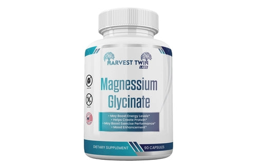Harvest Twin Labs magnesium glycinate supplement bottle with 90 capsules for energy and mood support