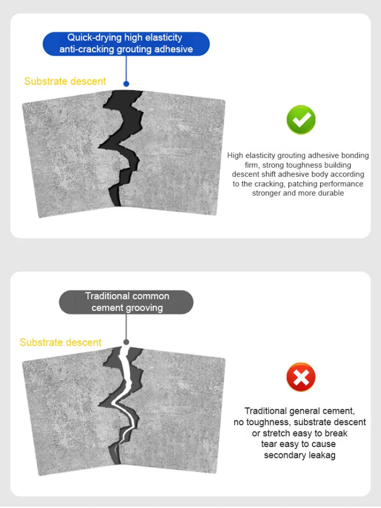 Infographic comparing quick-drying impermeable adhesive for roofs with traditional cement showing crack resistance and bonding strength